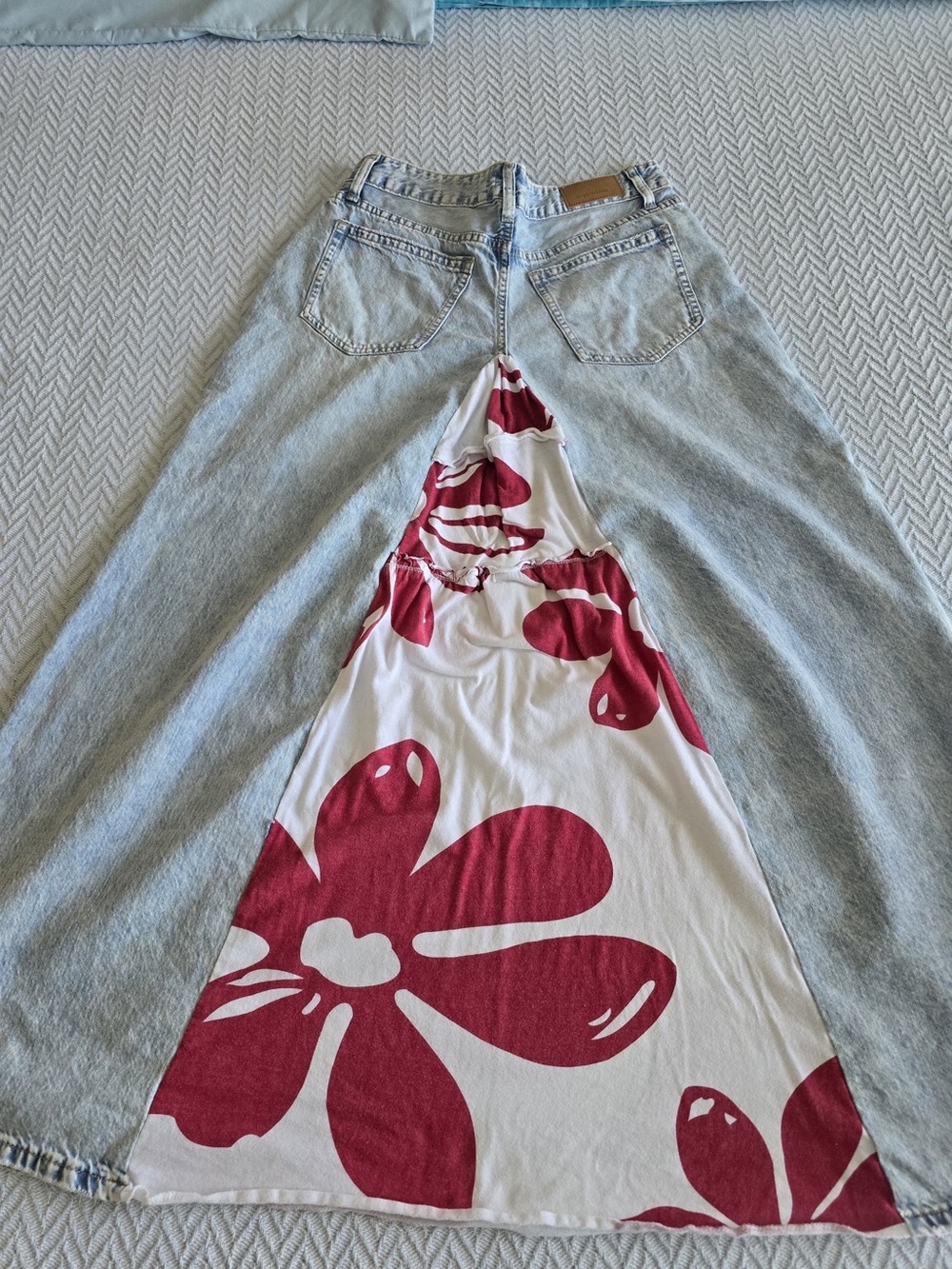 Custom Floral Panel Light Wash Denim Skirt - Red & White Insert